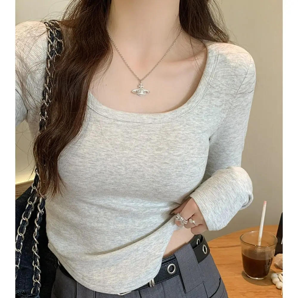 

Sweet Spicy Girl Slim Fit Inner Short Base Top For Women Spring And Autumn New Pure Desire U-Neck Crop Long Sleeve Regular