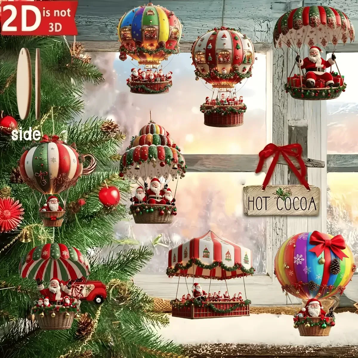 

10Pcs Christmas Wooden Hot Air Balloon Santa Claus 2D Flat Wooden Pendant Christmas Tree Decoration 2025 New Year Gift Decor