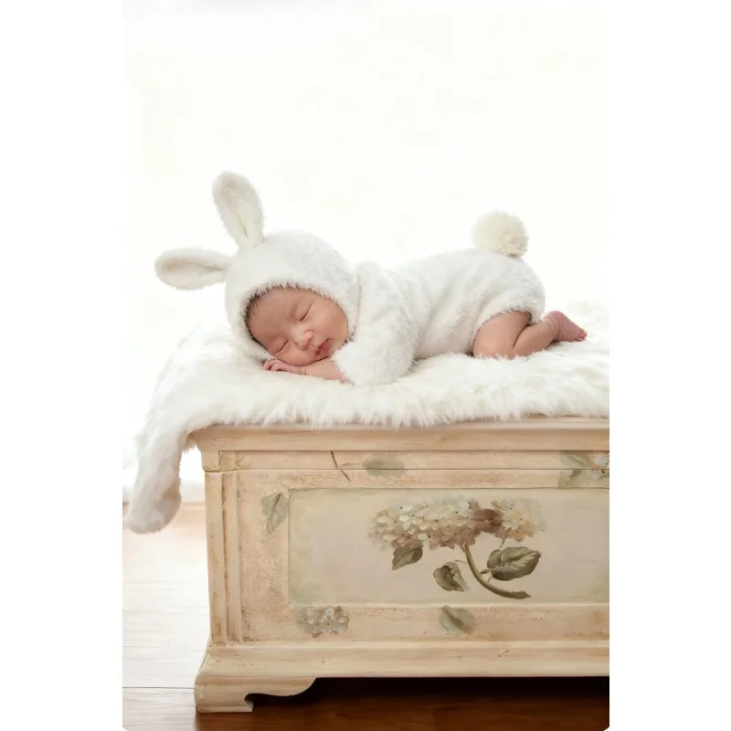 Soft Mink Fur Newborn Bunny Set with Ears Hat, Baby Easter Photography Outfit for Boy Girl, Newborn animal costume photo props