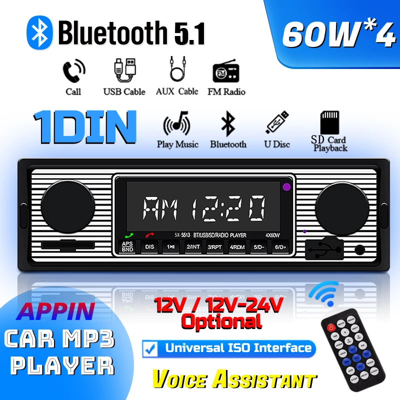 Lecteur Mp3 Bluetooth pour voiture, Radio multimédia stéréo rétro 5513, appel Audio, mains libres, Machine de cartes Aux/Usb/Sd, camion 12V-24V