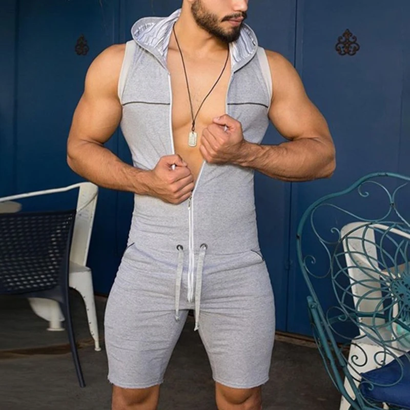 Mono corto para hombre, ajustado, sin mangas, con capucha y cremallera, pantalones cortos, ropa casual de verano para el hogar, pijama deportivo.