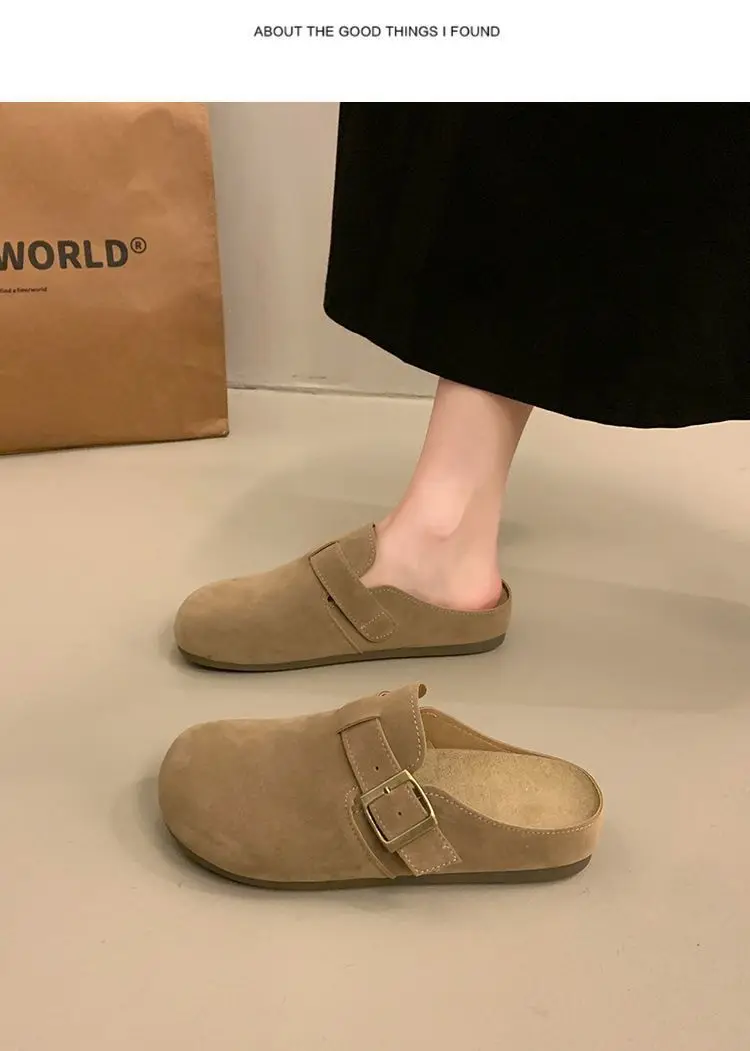 Damen-Wildleder-Pantoletten mit geschlossener Zehenpartie, verstellbare Schnalle, flache Clogs zum Überziehen, Retro-Freizeit-Outdoor-Schuhe ohne Rücken. – Detail 10
