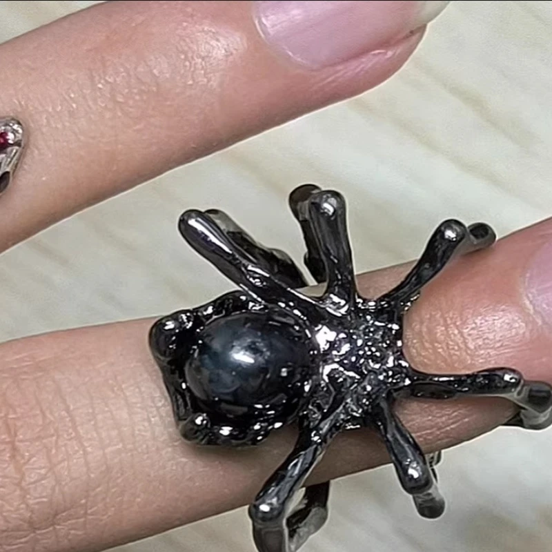 Gothic Punk Dark Spider Open Ring Jewelry Irregular Women Black Crystal Retro Moonstone Finger Rings Women Men Adjustable Gift