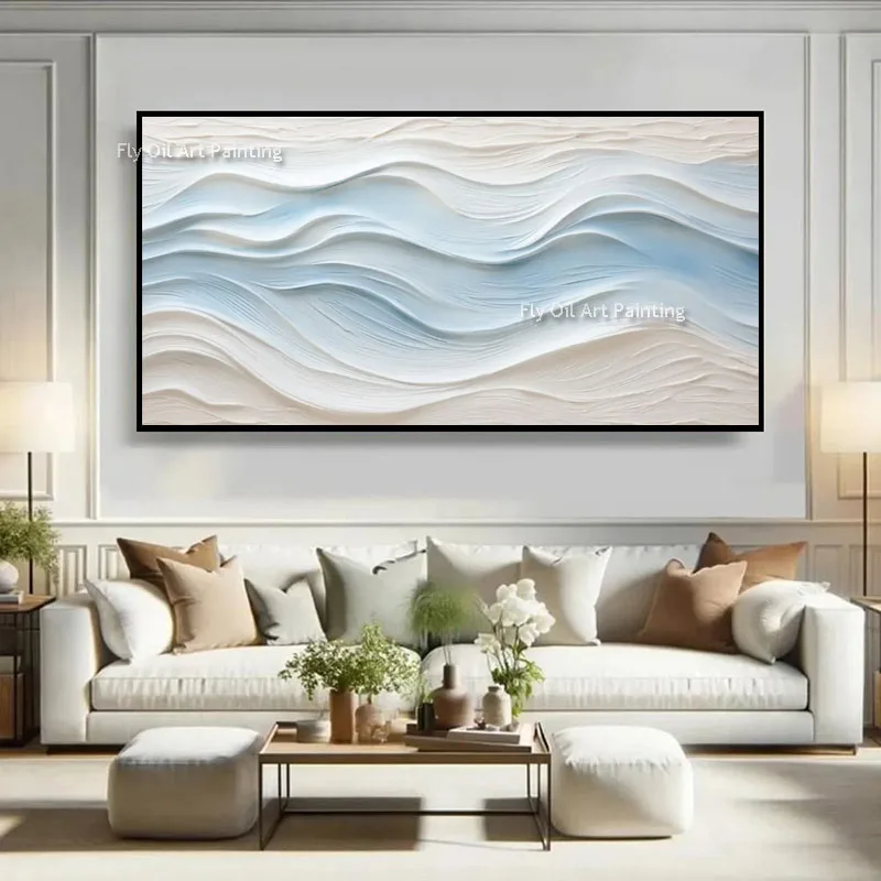 Thick Impasto Hand Painted Minimalist Artwork, Pastel Ocean Wave Oil Painting, Large Horizontal Canvas Home Wall Decor