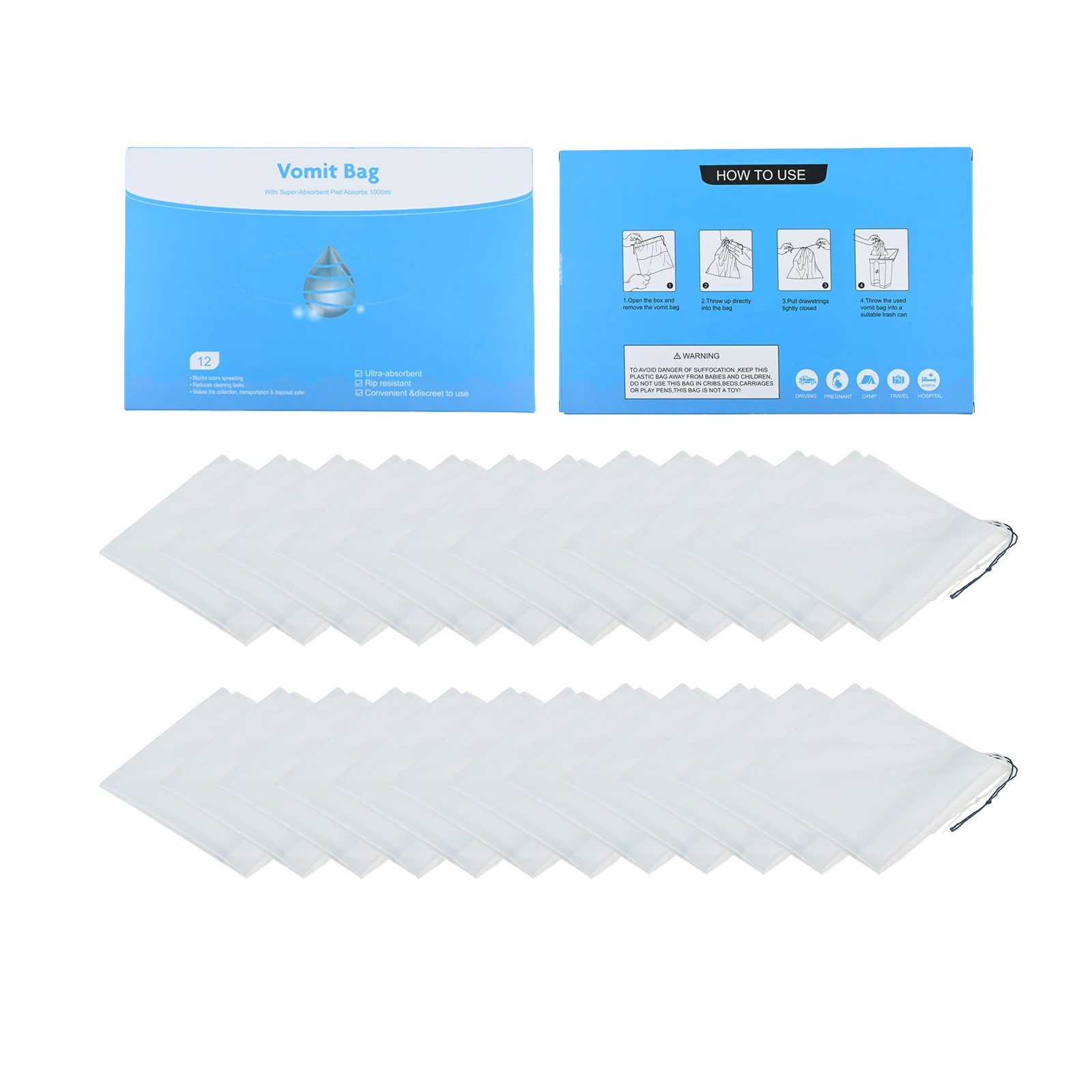 

24 шт., 1000 мл, портативный впитывающий мешок, 2 коробки, выдвижной одноразовый впитывающий бумажный мешок для эмузы для автомобиля, путешествий, лодки, самолета