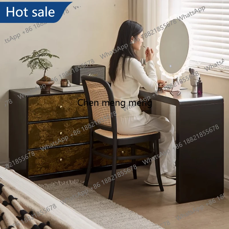 M02 Tocador de Lujo Estético con Gabinete Plegable de Tela, Escritorio de Maquillaje, Cómoda con Cajones para Dormitorio, Mueble Único de Madera