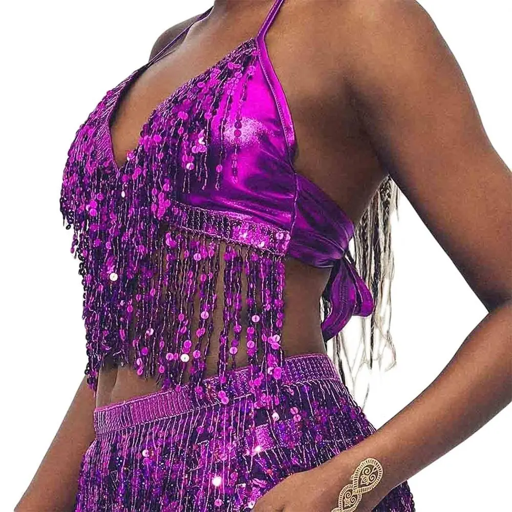 Costumes de spectacle de paillettes pour boîte de nuit, haut de Performance, soutien-gorge de danse du ventre, col licou
