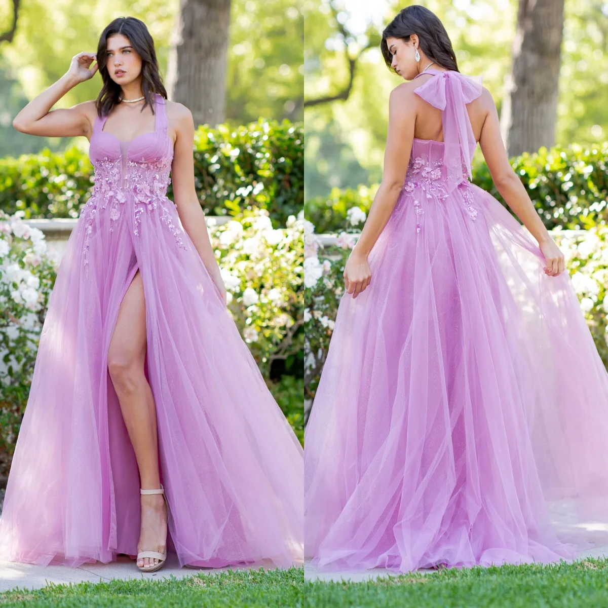 

Liac Purple Evening Dresses Princess Beading Halter Prom Dresses Long Gala Gowns Tulle Appliqued Brithday Celebrity Dresses