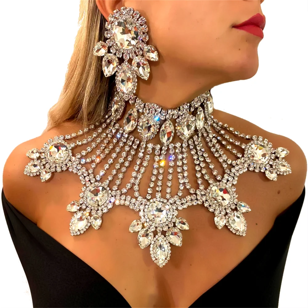 

2pcs Luxury Banquet Necklace Rhinestone Droplet Fashion Earrings Pendant Necklace Set Women's Jewelry