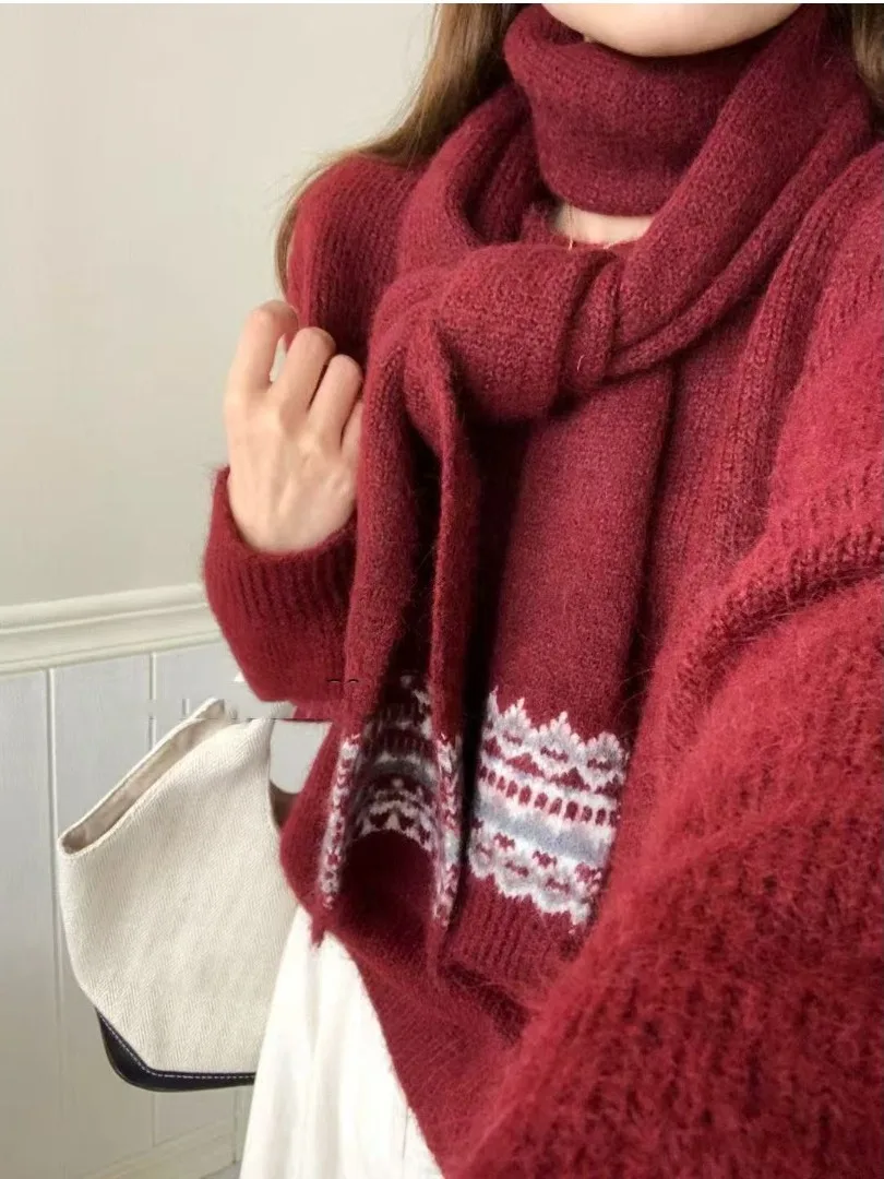 

Korean Sle Red Knitted Sweater Women's Autumn Winter Faion Two-Piece Set Warm Cozy Scarf Included Breathable Casual Wear