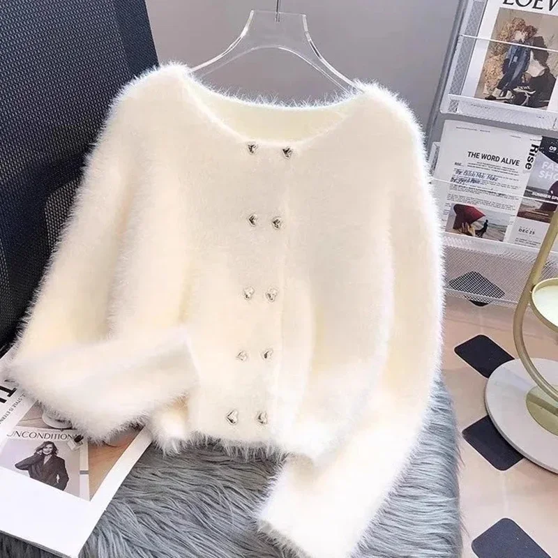 Imitation Mink Cardigan Sweater Women Korean Casual Fashion Elegant Hairy Knitted Sweater Coat Lady Winter New Warm Outerwear