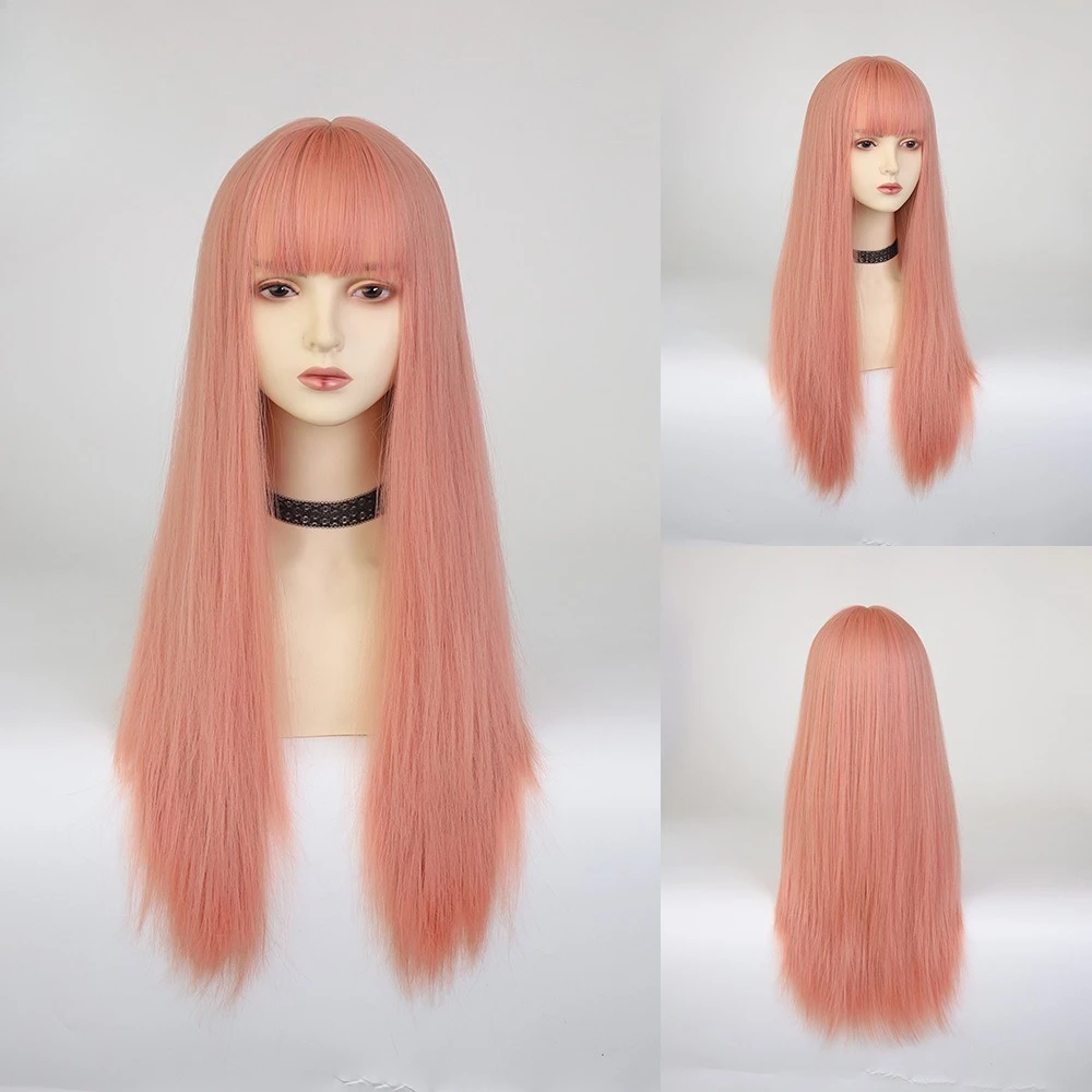 

New fog blue long straight hair Qi bangs high temperature silk wig women grapefruit powder wig full head cover
