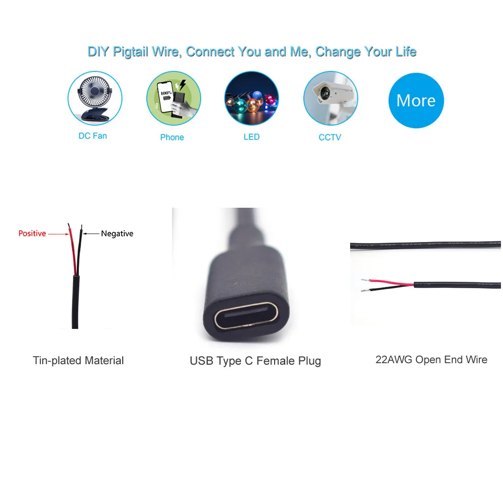 Type C Female Pigtail 2 Wire Extension Cable, 5V 2A USB C Female Plug to 2 Pin Bare Wire Open End Connector DIY Cord Extension