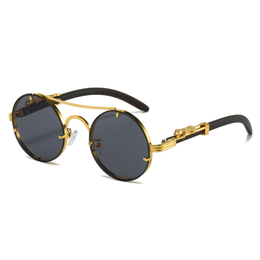 

New arrival classic retro double bridge leopard head decorative sunglasses men driving metal round frame sunglasses