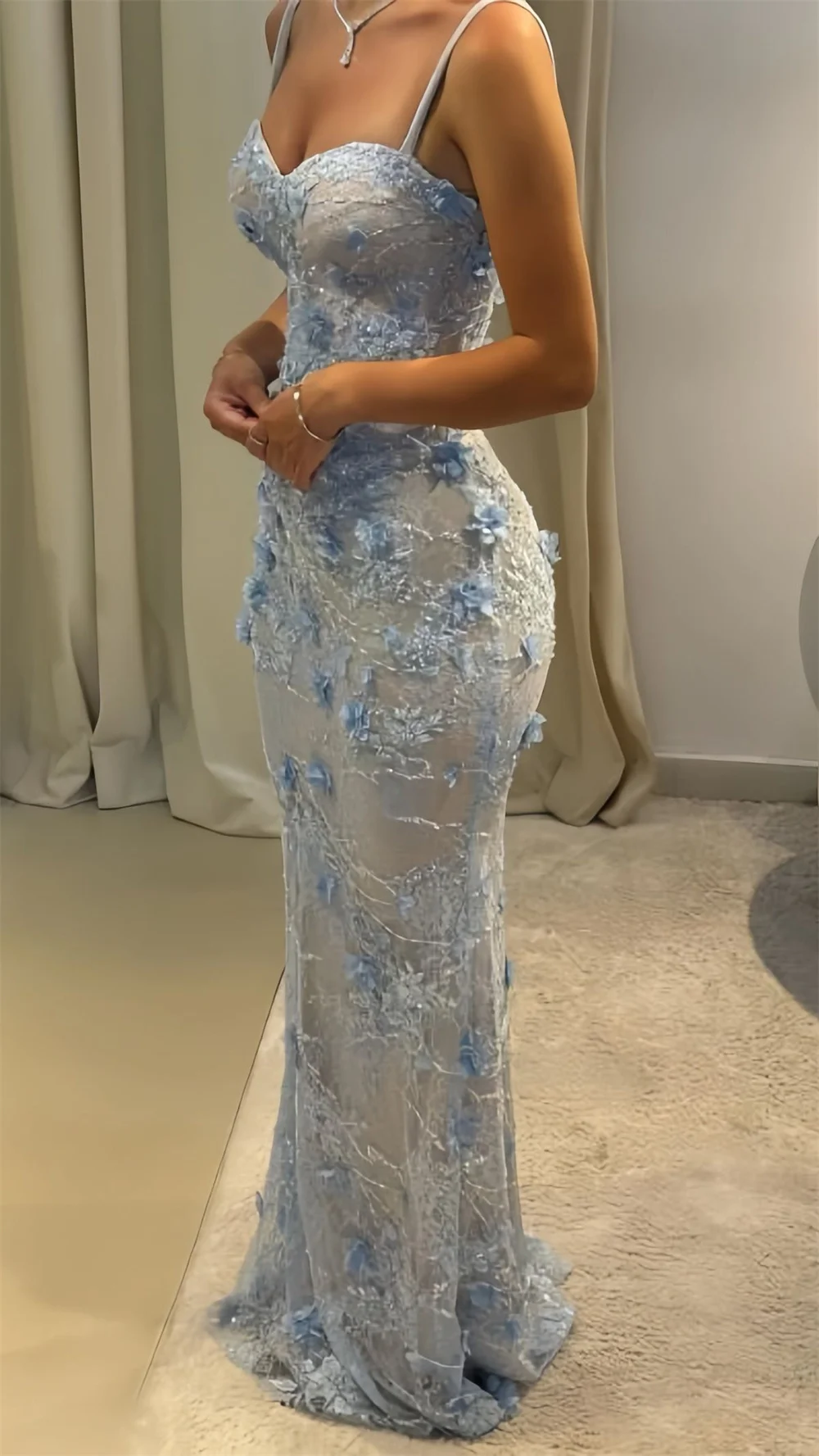 Suknia balowa Cathy, szybka produkcja, błękitny, wykwintny wzór kwiatowy, ramiączka spaghetti, sznurowana, vestidos de noiva, długa suknia wieczorowa do ziemi.