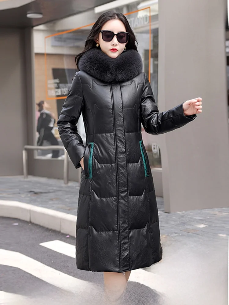 

Женская зимняя куртка из натуральной кожи средней длины, новая модель, большие размеры, с меховым воротником из овчины, в стиле для повседневной носки