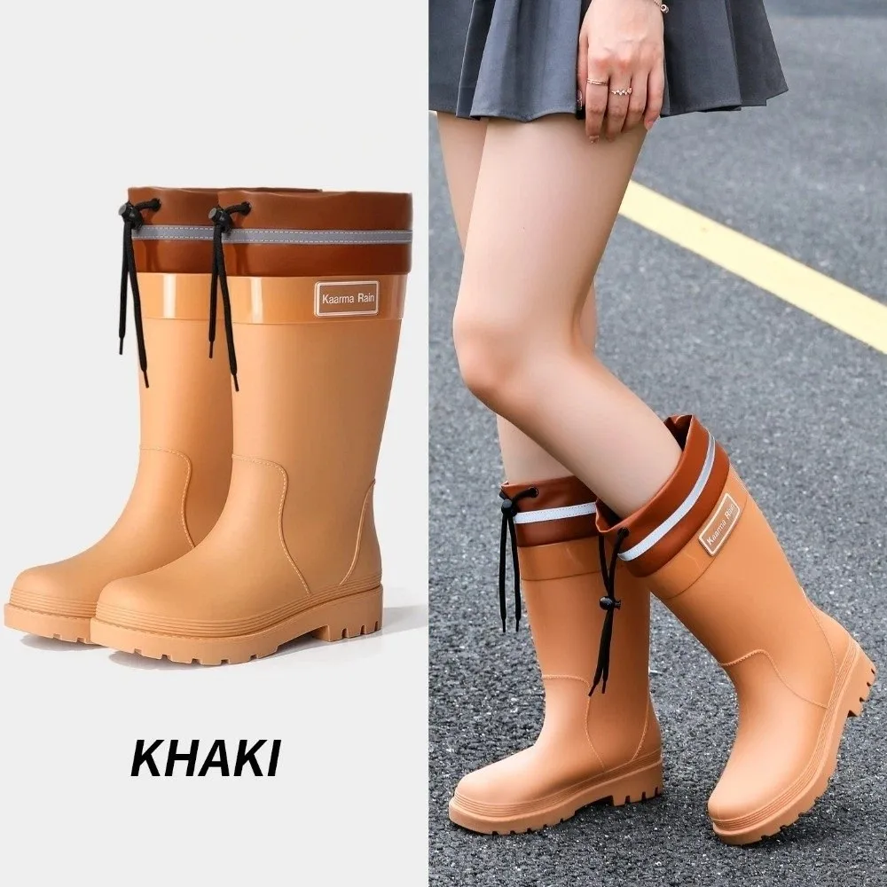 Modische Wasserdichte Wasserschuhe PVC Rutschfeste Damen-Regenstiefel mit Mittelhohem Absatz und Kordelzug Regenwald-Regenschuhe – Detail 6