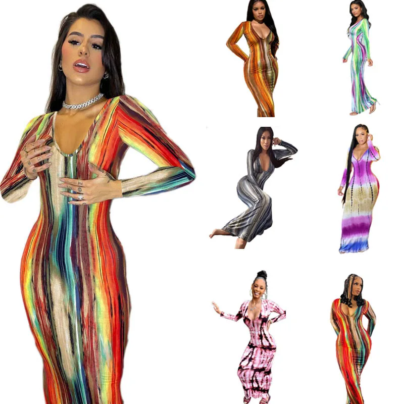 

Women's Dress V-neck Striped Long-sleeved Tight-fitting Sexy Autumn and Winter New Dress for Women