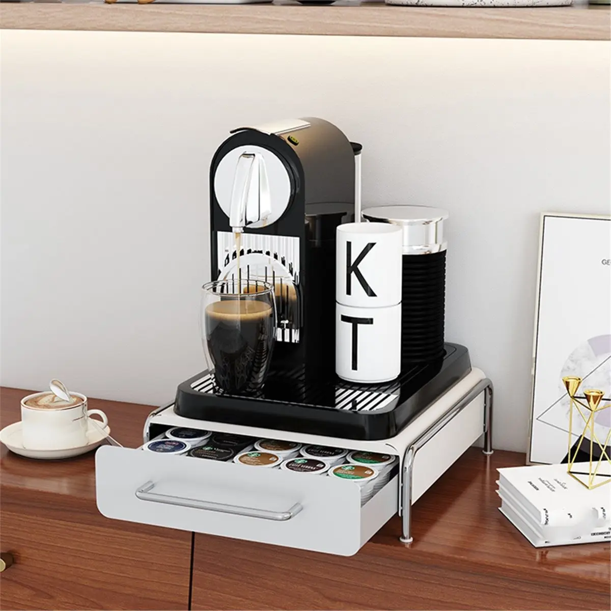 forfor Elegant Metal Coffee Pod Holder with Drawer - Kitchen Countertop Organizer for Capsules, Tea Bags & More Black