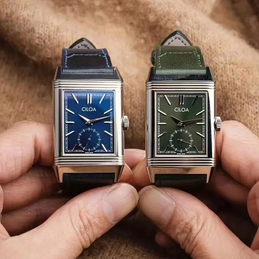 CILOA Vintage Square Men Quartz Watch Green Dial Genuine Leather Strap Business Casual Wristwatch Ideal Gift for Men