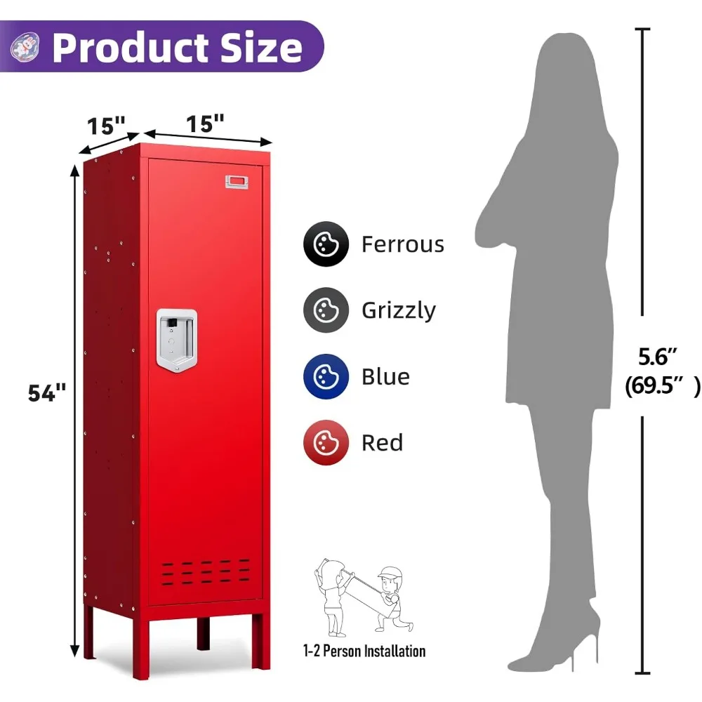 خزانة تخزين معدنية مقاس 54 بوصة قابلة للقفل، خزانة تخزين منزلية طويلة من الفولاذ مع مقصورات للمكتب وصالة الألعاب الرياضية والمدرسة والموظفين، ب