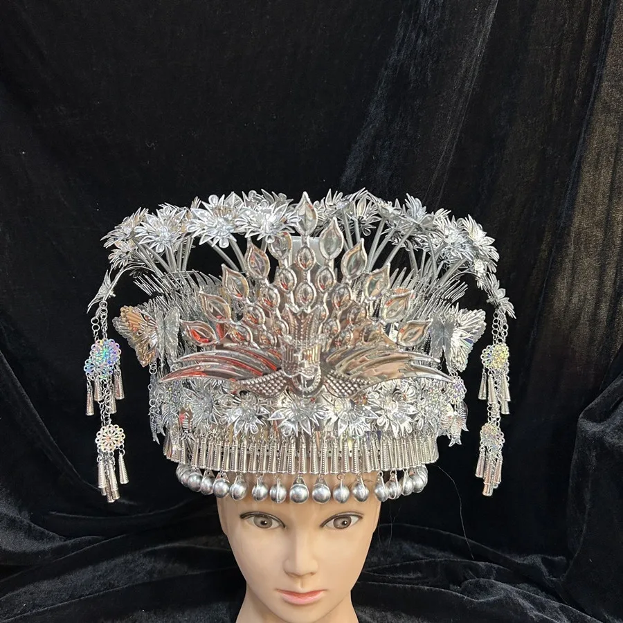 หมวกเงินชนเผ่าม้งจีนสำหรับผู้หญิง ประดับพู่ห้อย สำหรับเต้นรำ ถ่ายภาพในสตูดิโอ และงานเทศกาล