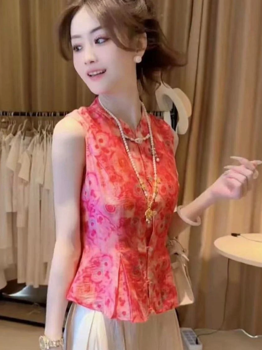 

Elegant Chinese Style Floral Print Sleeveless Shirt Women's Fashion Summer Luxury Feel Young Looking Commute Friendly Zipper ...
