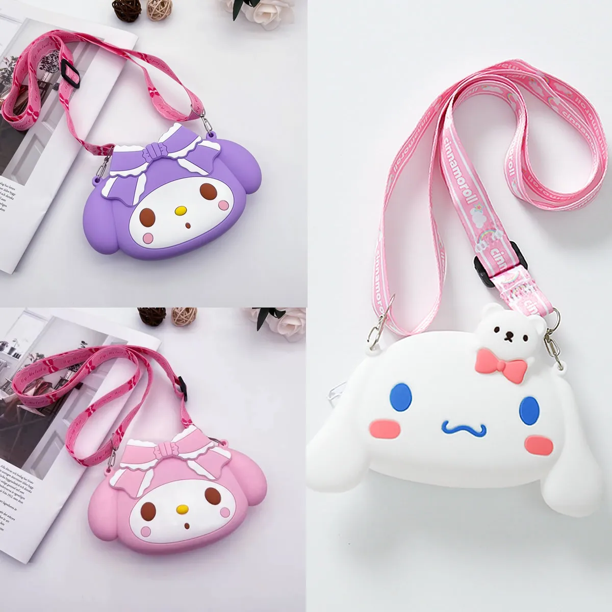 Sanrio Shoulder Messenger Bag Kawaii My Melody Cinnamoroll Silicone Coin Purse Girls MIni Mobile Phone Earphone Storage Bag Gift