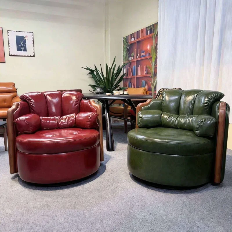 Medieval Rotating Single Chair Oil Wax Leather Study Chair American Style Household Leather Sofa