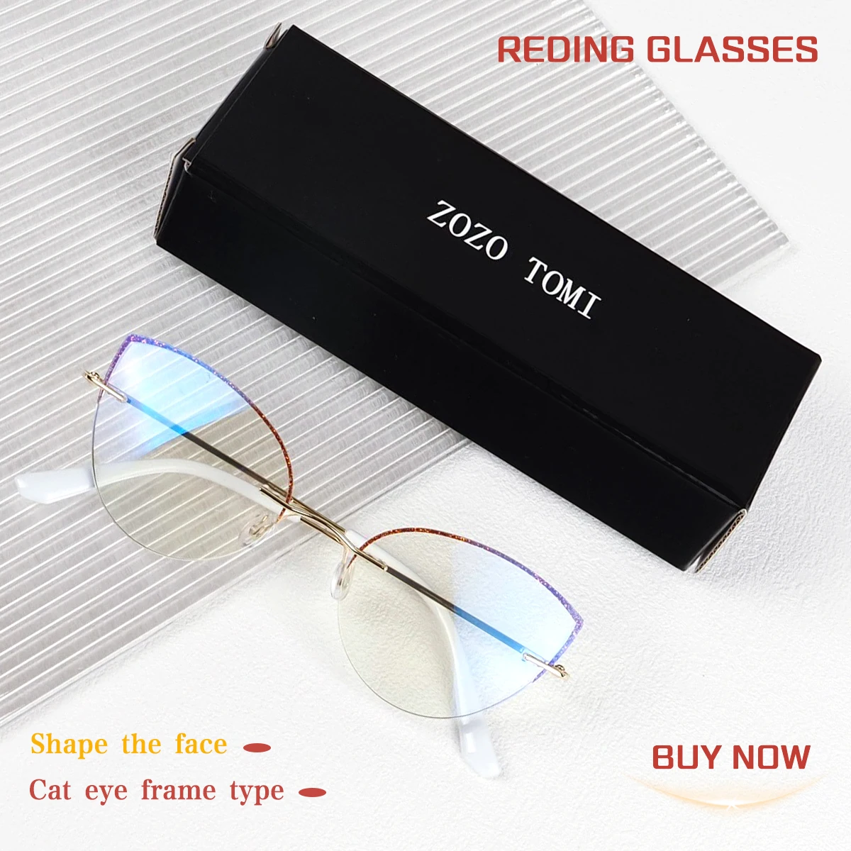 Damen-Katzenaugen-Lesebrille ohne Rahmen, Presbyopie-Brille, klare Sicht, Blaulichtfilter, leicht und stilvoll.