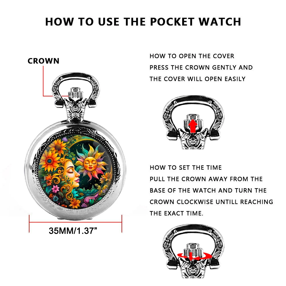 Personalised Silver Stainless Steel Flower Sun and Moon Glass Dome Quartz Pocket Watch Necklace Women Jewelry Pendant Chain