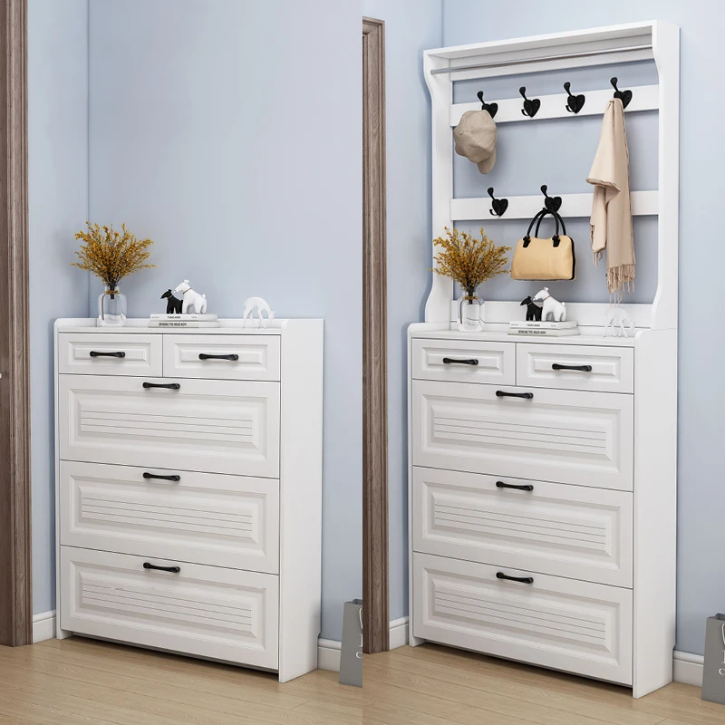 

Ultra-thin tipping bucket shoe cabinet with hanger at the door of the home, integrated large capacity, space saving,