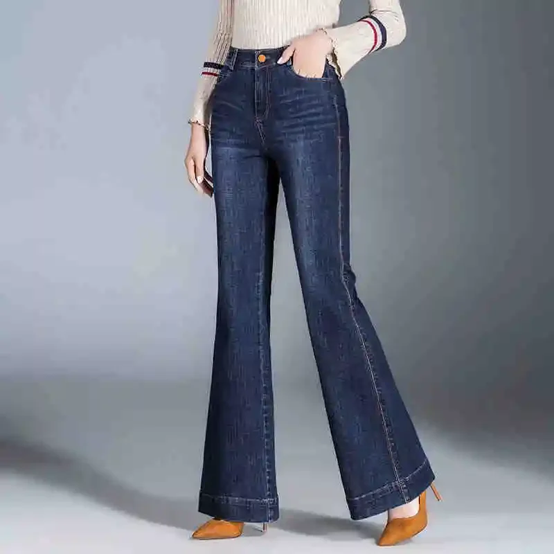 Jeans flare bordado étnico vintage feminino, cintura alta, casual, calça reta versátil, botão de lavagem, zíper de bolso, elástico, A96