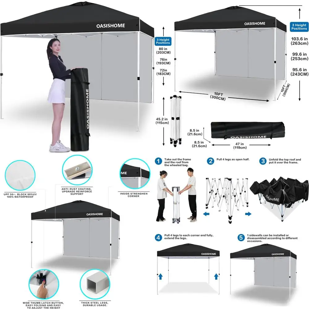 

Portable Outdoor Canopy Tent 10x10 Instant Gazebo with Sidewall, Carry Bag, Stakes, Ropes, Suitable for Outdoor and Beach Activi