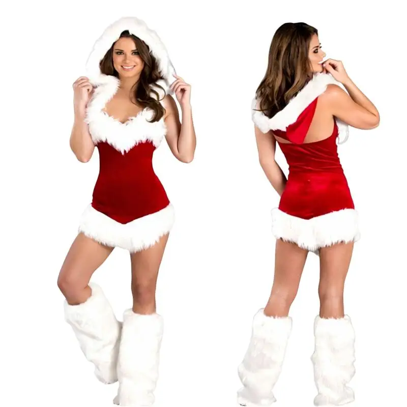 فستان نسائي مثير مخملي لعيد الميلاد بدون حمالات مع غطاء محرك السيارة لتدفئة الساق سانتا كلوز زي تنكري أحمر لحفلات النادي وعيد الميلاد هدية #1