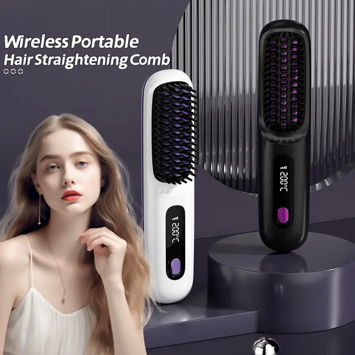 2025 Hot Cross-Border Liquid Crystal USB Charging Ceramic Heating Electric Comb Portable Negative Ion Straight Hair Comb