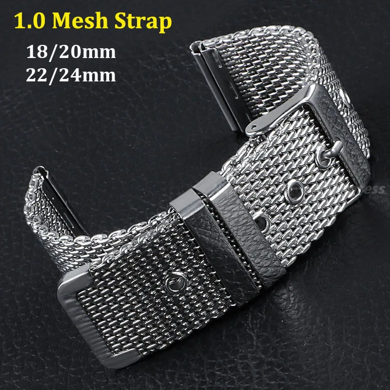 

1.0mm Milanese Mesh Stainless Steel Watch Band Bracelet 18mm 20mm 22mm 24mm Replacement Strap 3mm Thickness Heavy Wristband