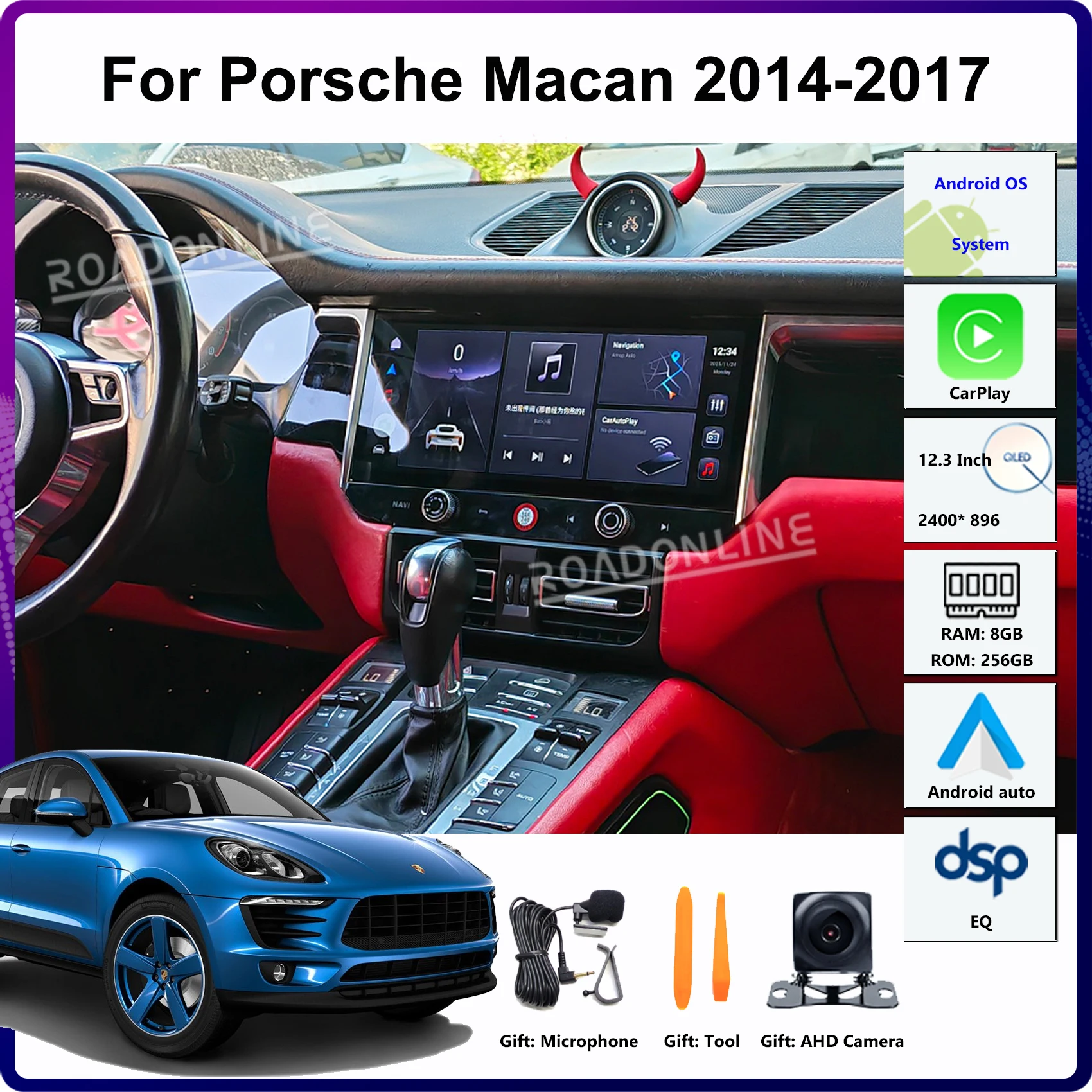 12,3-Zoll-Multimedia-Player für Porsche Macan 2014 2015 2016 2017, GPS-Headunit, Stereo-Empfänger, Radio, Touchscreen, CarPlay, WLAN