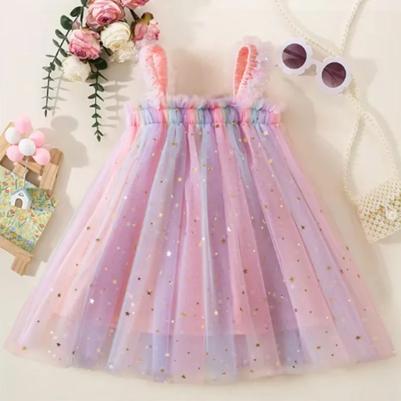 Summer Girls\' Dress Baby Girl Full Of Stars Moon Decorations Suspenders Colorful Mesh Beach Princess Dress
