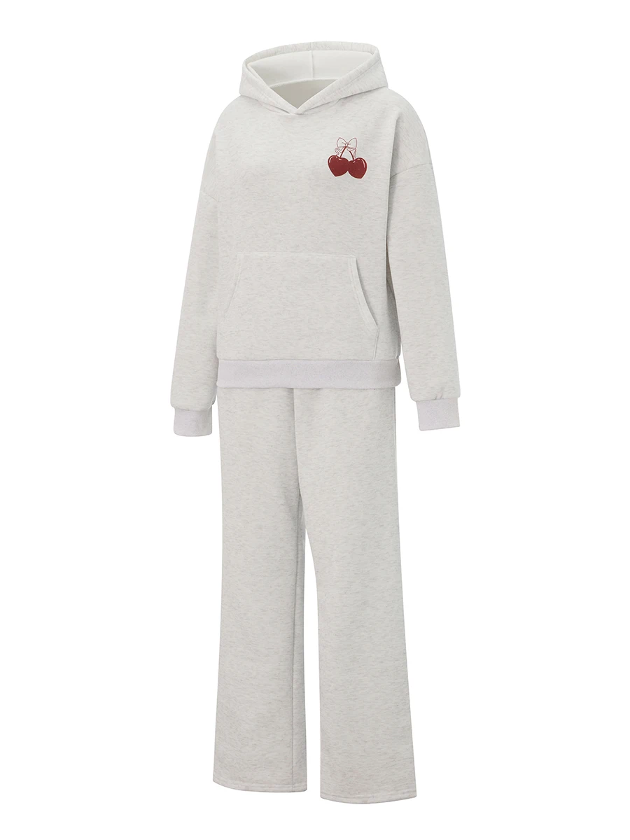 المرأة Casuan مجموعة الكرز رسالة طويلة الأكمام مقنعين البلوز الرباط Sweatpants 2 قطعة الزي عارضة