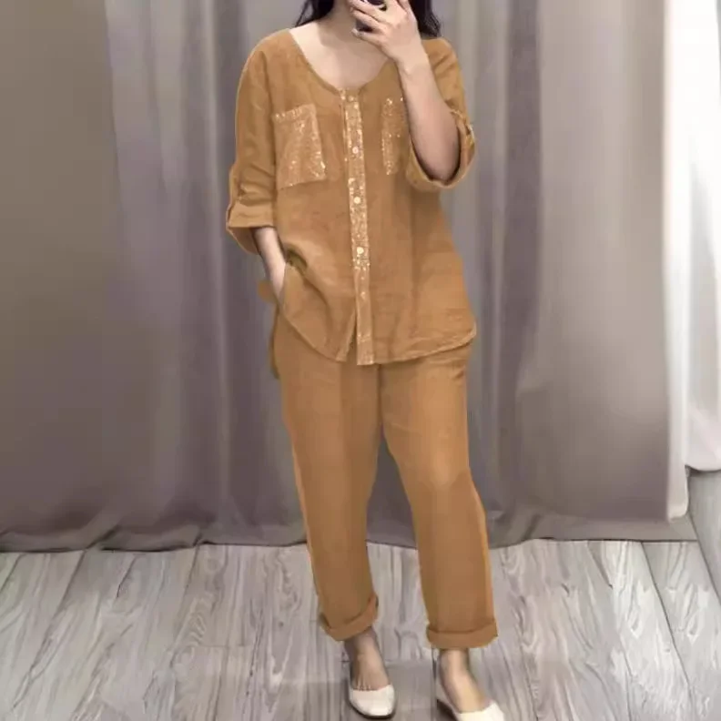 2 Piece Sets Womens Outfits Cotton Linen Sequins Pocket Cardigan Top and High-waisted Traight Leg Pants Sets Fashion Solid Color