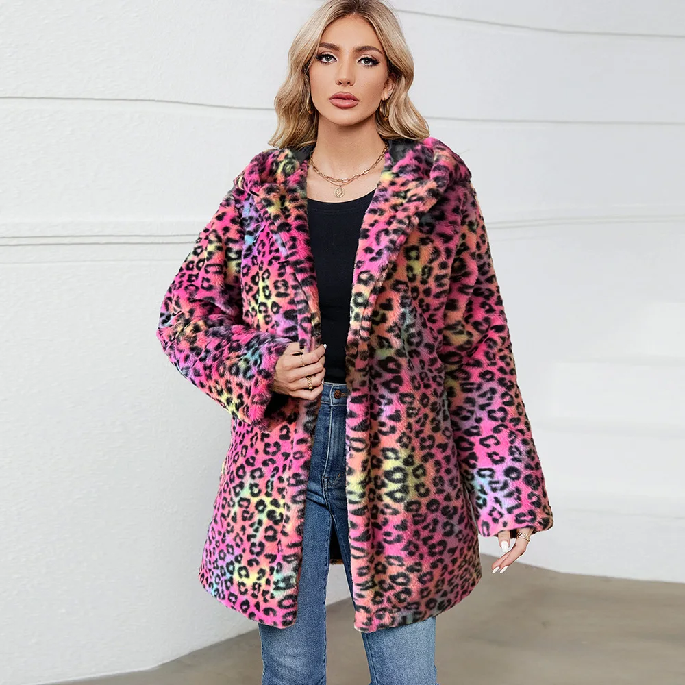 Leopard Print Faux Fur Coat  Fur Coat Women Hooded Autumn and Winter Loose Womens Faux Fur Cardigan