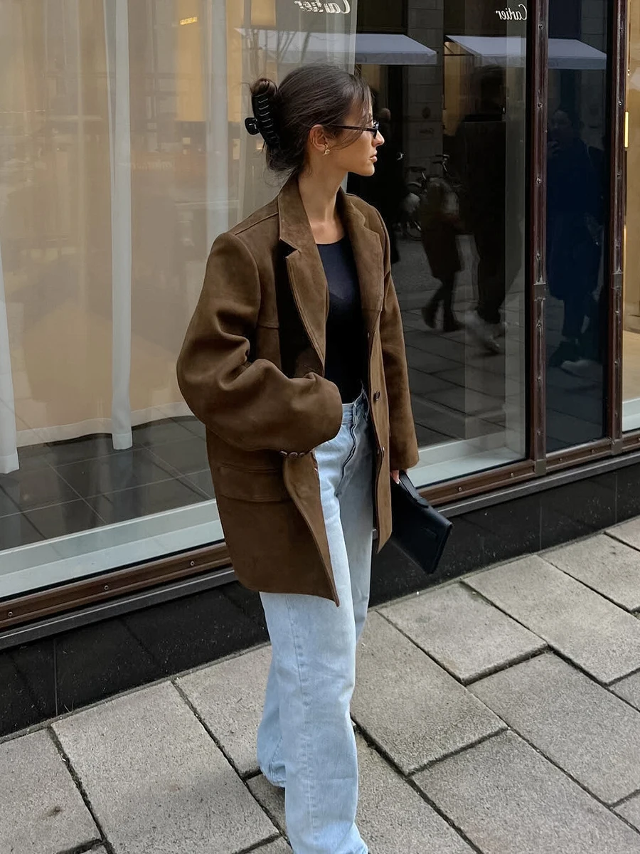 Cappotto vintage in pelle scamosciata solida per donna Autunno monopetto Colletto con risvolto Streetwear Moda Capispalla a maniche lunghe 2024 Nuovo