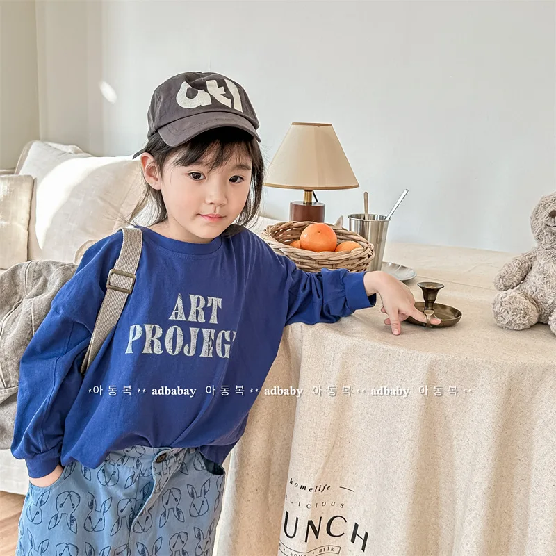 2024 Spring New Children Long Sleeve T Shirts Fashion Letter Print Girls Tee Cotton Baby Casual Tops Loose Boys Bottoming Shirt