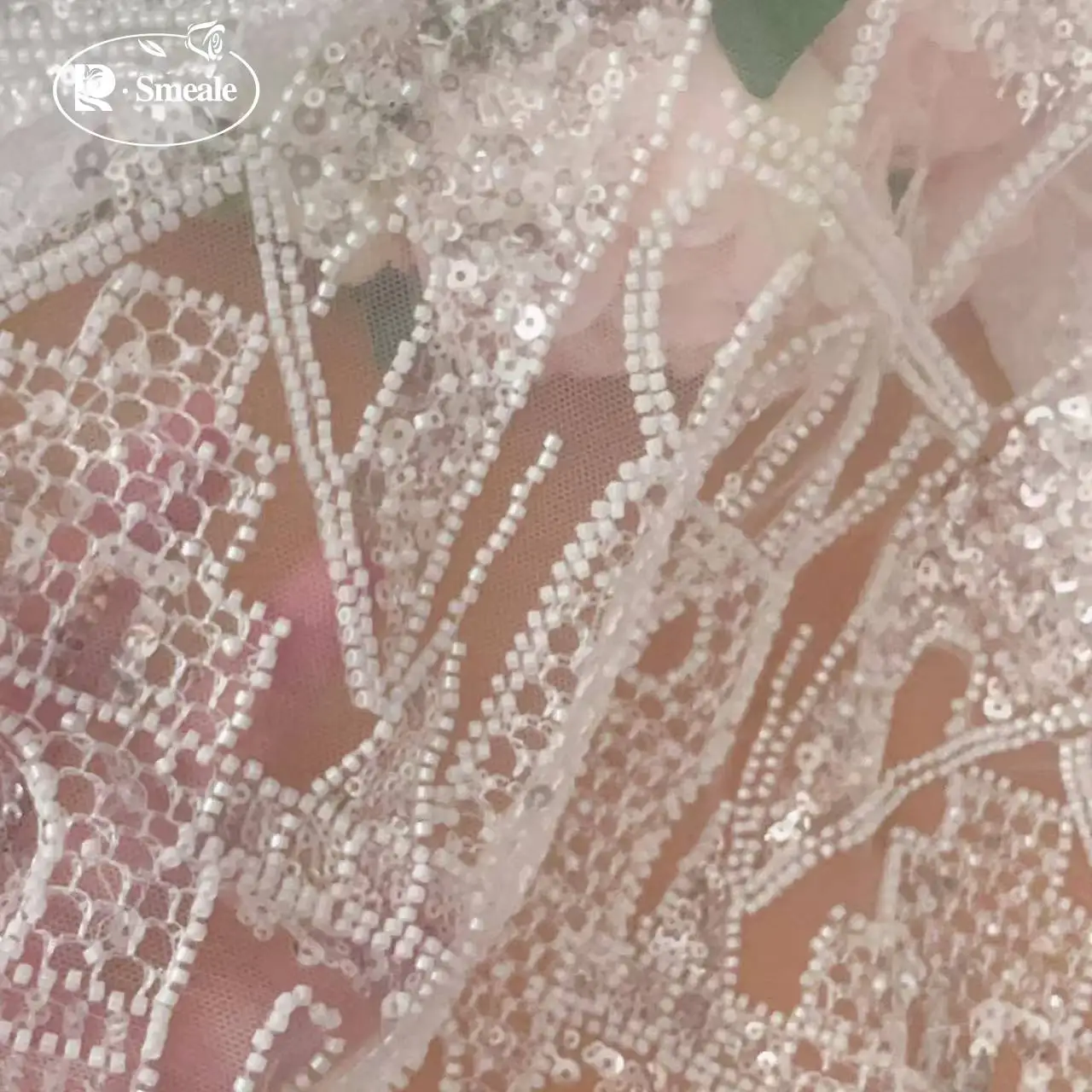 2 Designs Prinzessinnenschloss-Stern- und Mond-Spitzenstoff, Perlenbesetzter Brautstoff für Hochzeiten – Detail 3