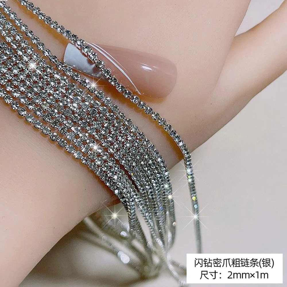 100/50cm Silver Dense Claw Nail Rhinestone Chain 1.5/2mm Ultra Sparkling Crystal Diamond Nail Decor Chain Cuttable Metal Chain