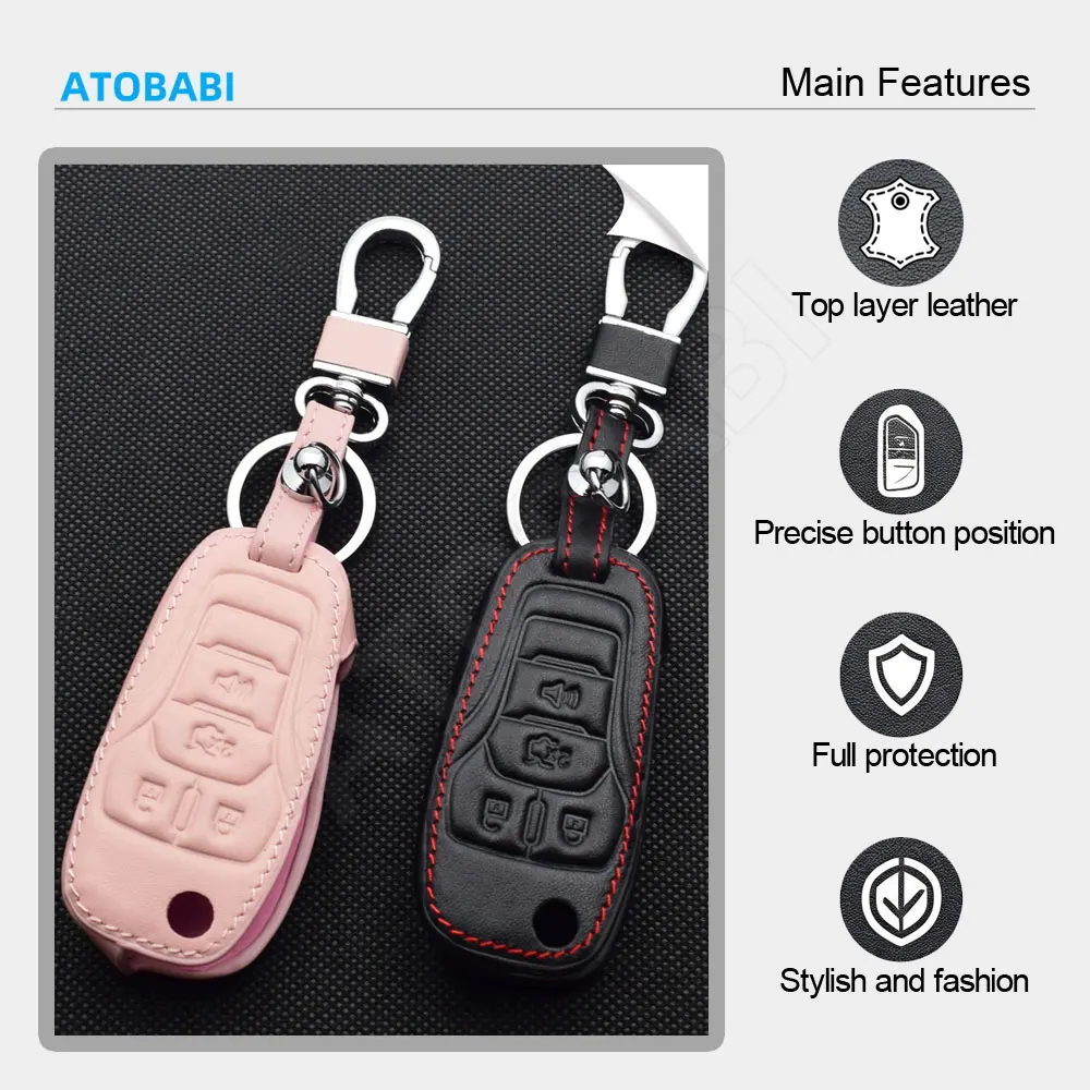 Leather Car Key Cover Bag For Ford Fusion 2013-2016 F-150 F-250 F-350 F-450 2022 2023 2024 Flip Remote Fob Protector Case Holder