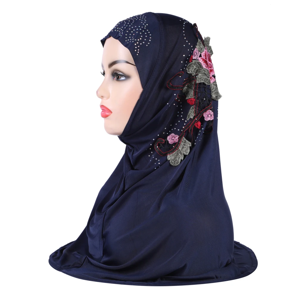 H317 حجاب إسلامي جميل للفتيات مع تطريز من الدانتيل وشاح إسلامي شال حجاب قبعة أرميا سحب على التفاف هدية رمضان