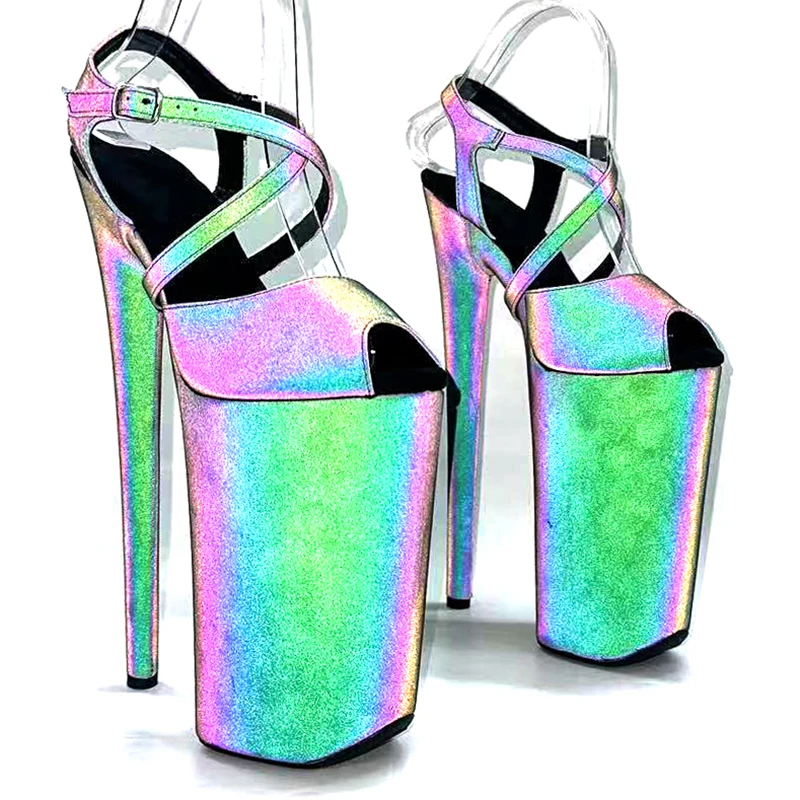 Leecabe  26CM/10inches  Reflect light holographic PU fashion platform High Heel  stripper heel Pole Dance sandals shoes