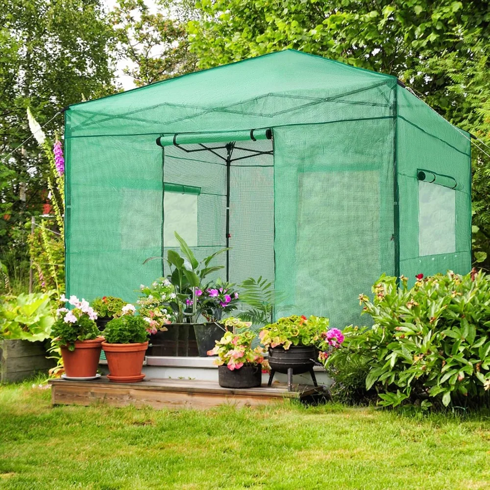 10'x10' Portable Heavy Duty Walk-in Greenhouse Instant Pop-up Greenhouse Indoor Outdoor Plant Gardening House Canopy, Green